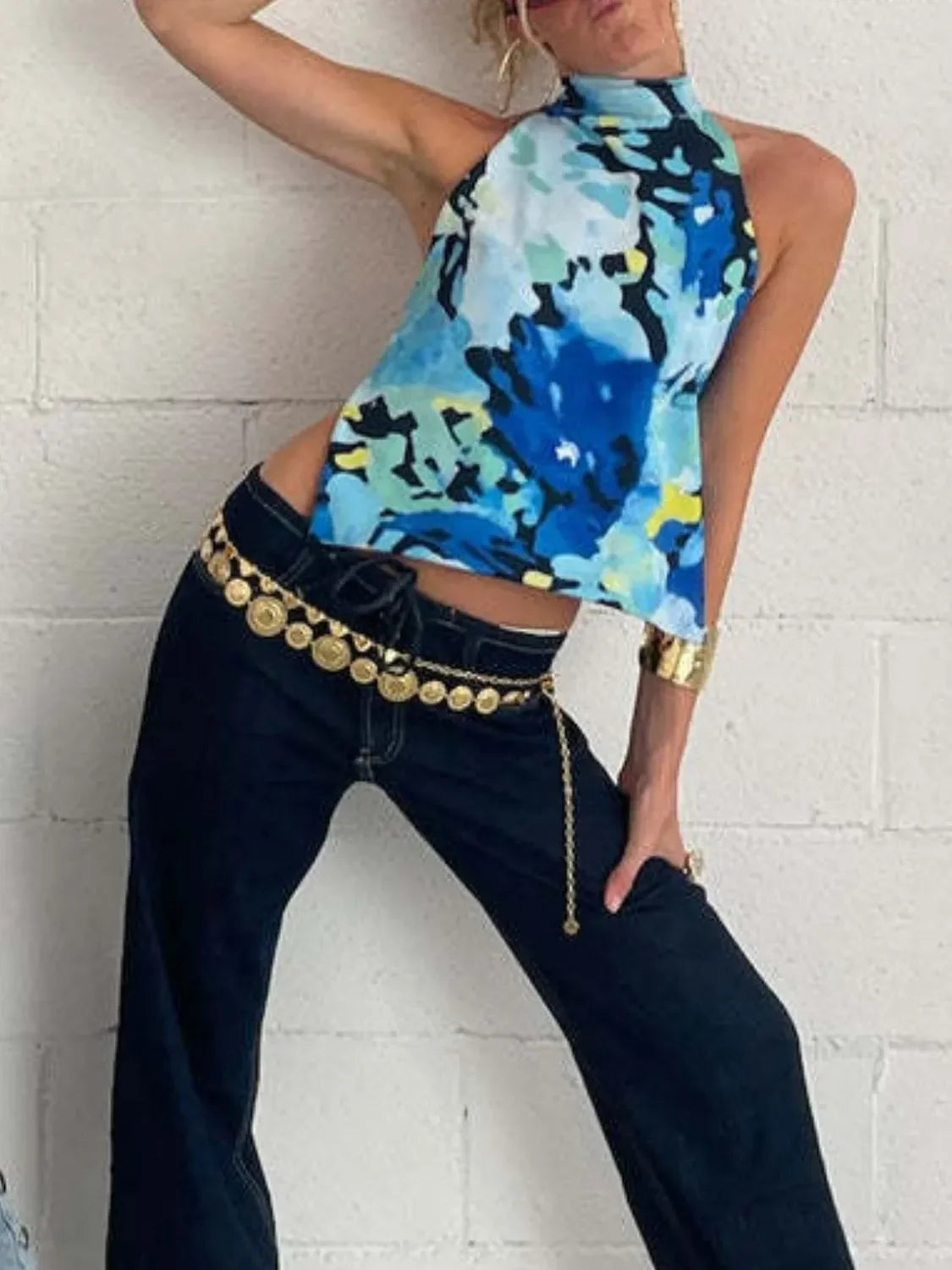 Backless Printed Halter Neck Tank Top With Slight Stretch - Southern Shores Clothing