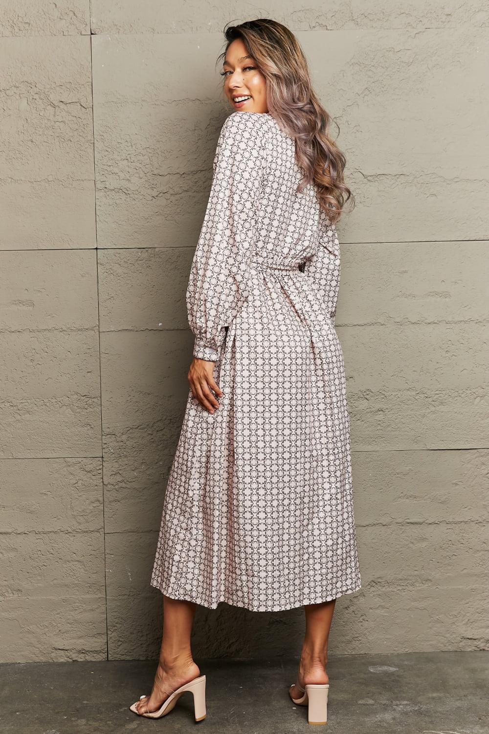 Printed Tie Waist Long Sleeve Midi Dress - Southern Shores Clothing
