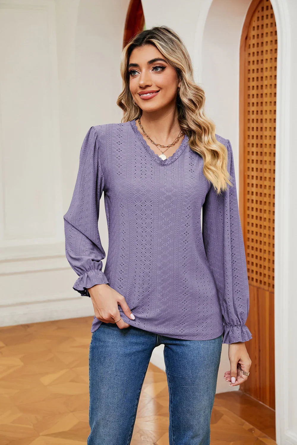 Southern Shores V-Neck Flounce Sleeve Lace Blouse In Stretch Rayon Blend Fabric For Versatile Wear - Southern Shores Clothing