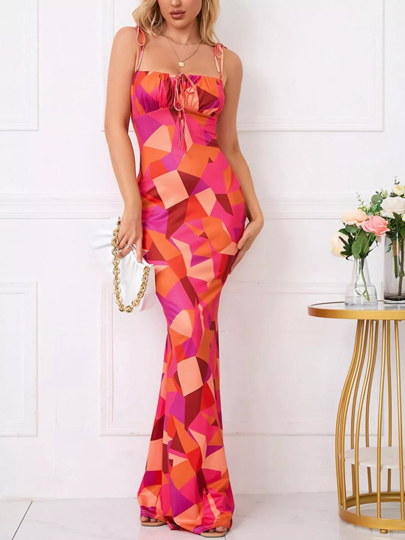 Floral Print Tie Strap Bodycon Maxi Dress - Southern Shores Clothing