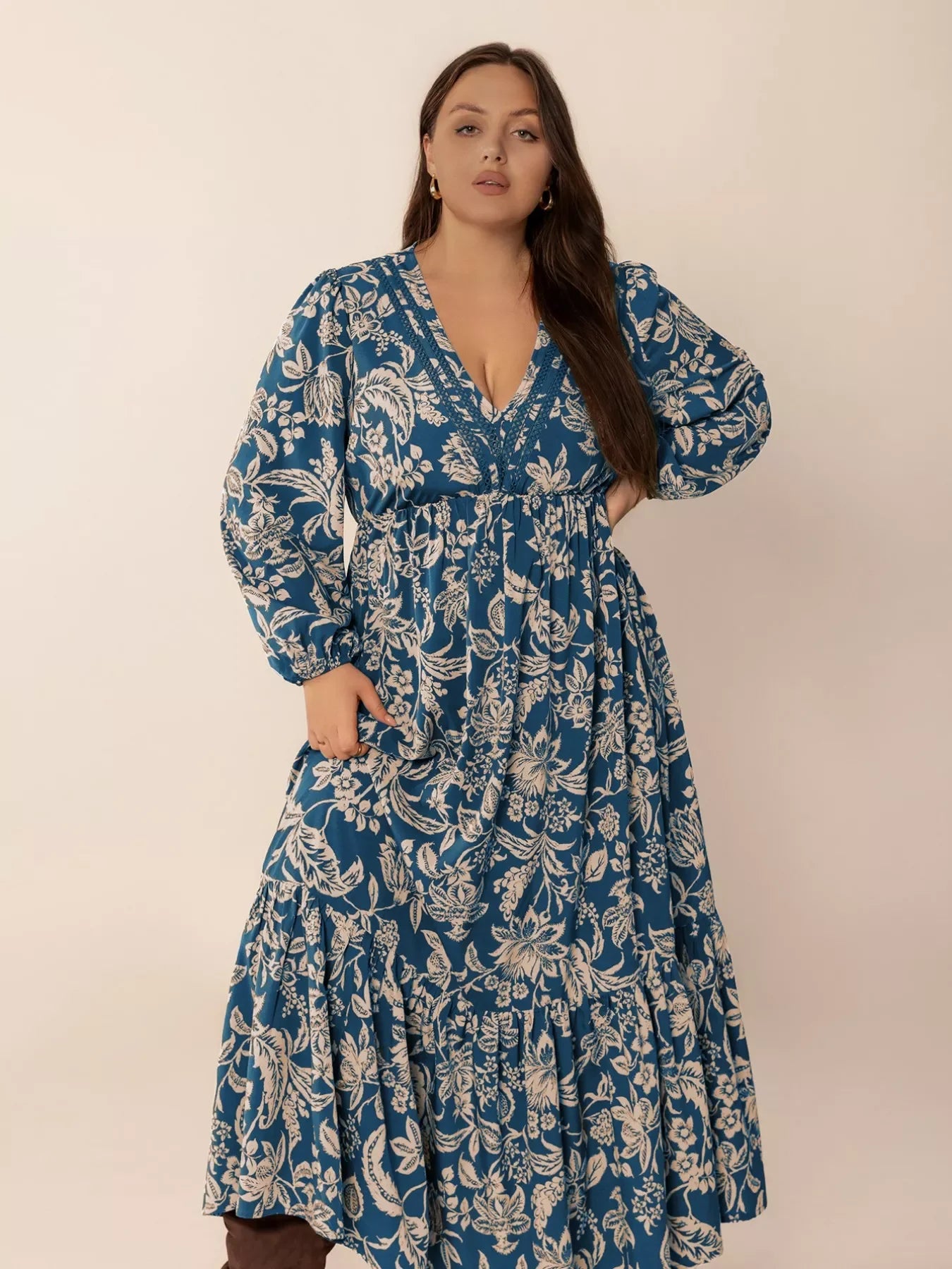 Plus Size Boho Floral Print Long Sleeve Maxi Dress - Southern Shores Clothing