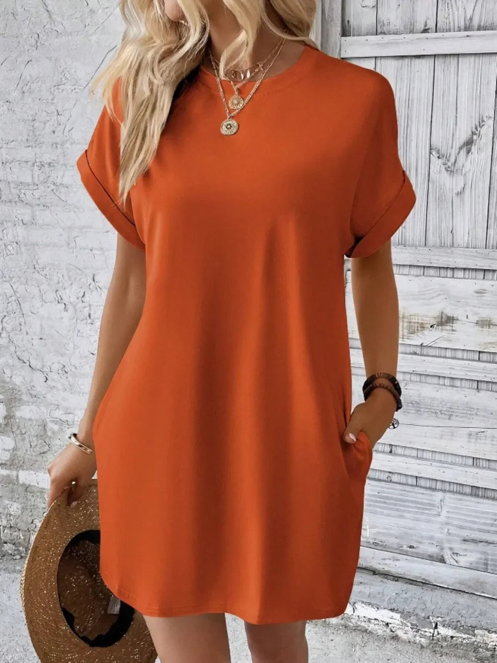 Pocketed Round Neck Short Sleeve Dress - Southern Shores Clothing