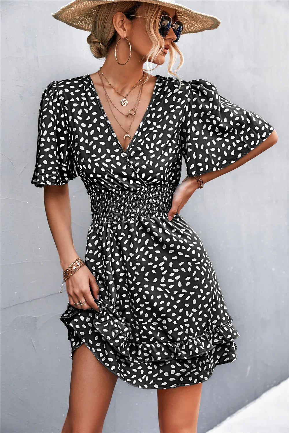 Printed Smocked Waist Layered Surplice Dress - Southern Shores Clothing