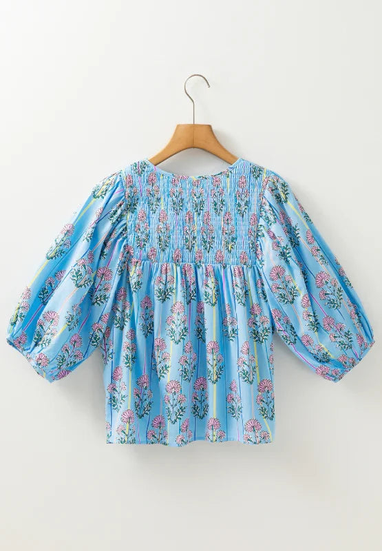 Smocked Floral Print Tie Neck Cotton Blouse - Southern Shores Clothing