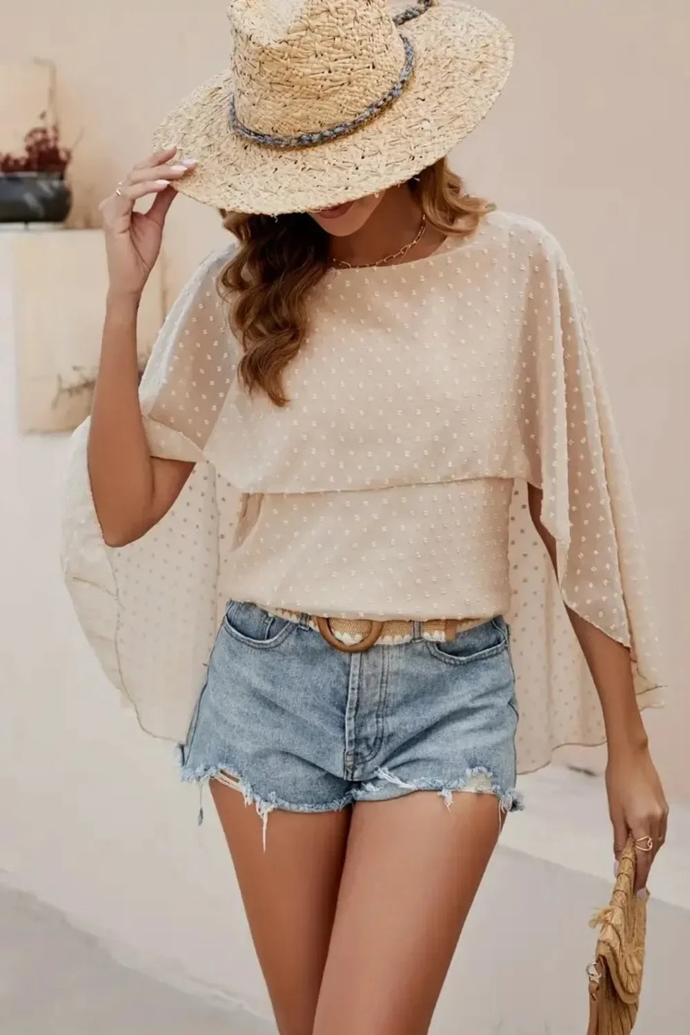 Swiss Dot Round Neck Polyester Blouse Casual Top - Southern Shores Clothing