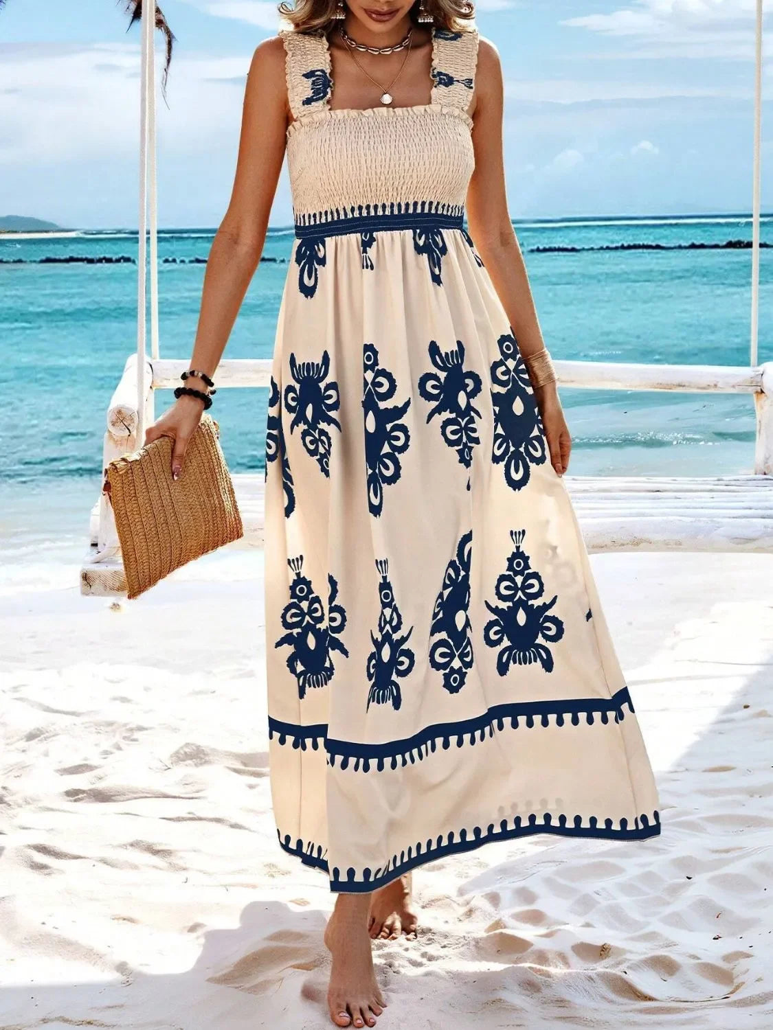 Smocked Printed Maxi Dress With Wide Straps Boho Style Details - Southern Shores Clothing