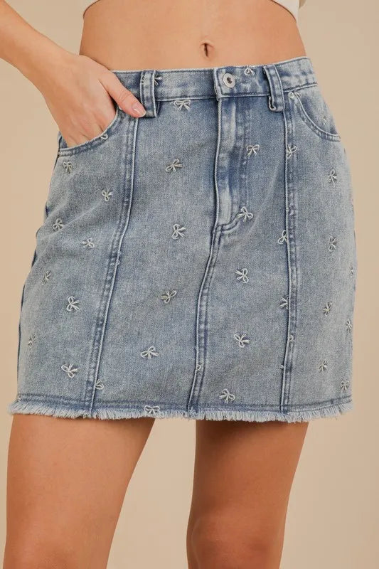 Beachside VERY J Bow Printed Casual Denim Mini Skirt