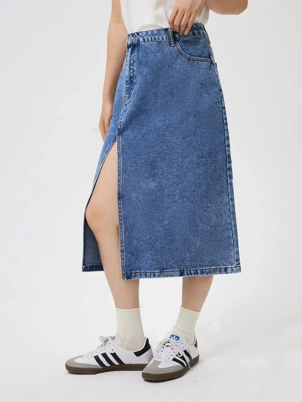 Nautical Slit Midi Denim Skirt With Pockets - Southern Shores Clothing