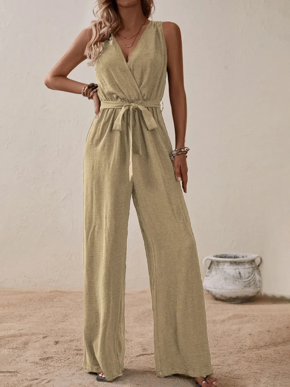 Tied Surplice Sleeveless Wide Leg Jumpsuit - Southern Shores Clothing