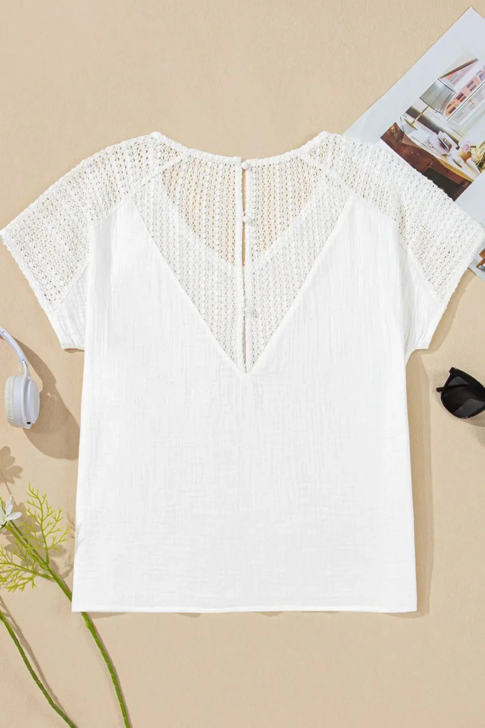 Lace Crochet Textured Button Back V Neck T Shirt - Southern Shores Clothing