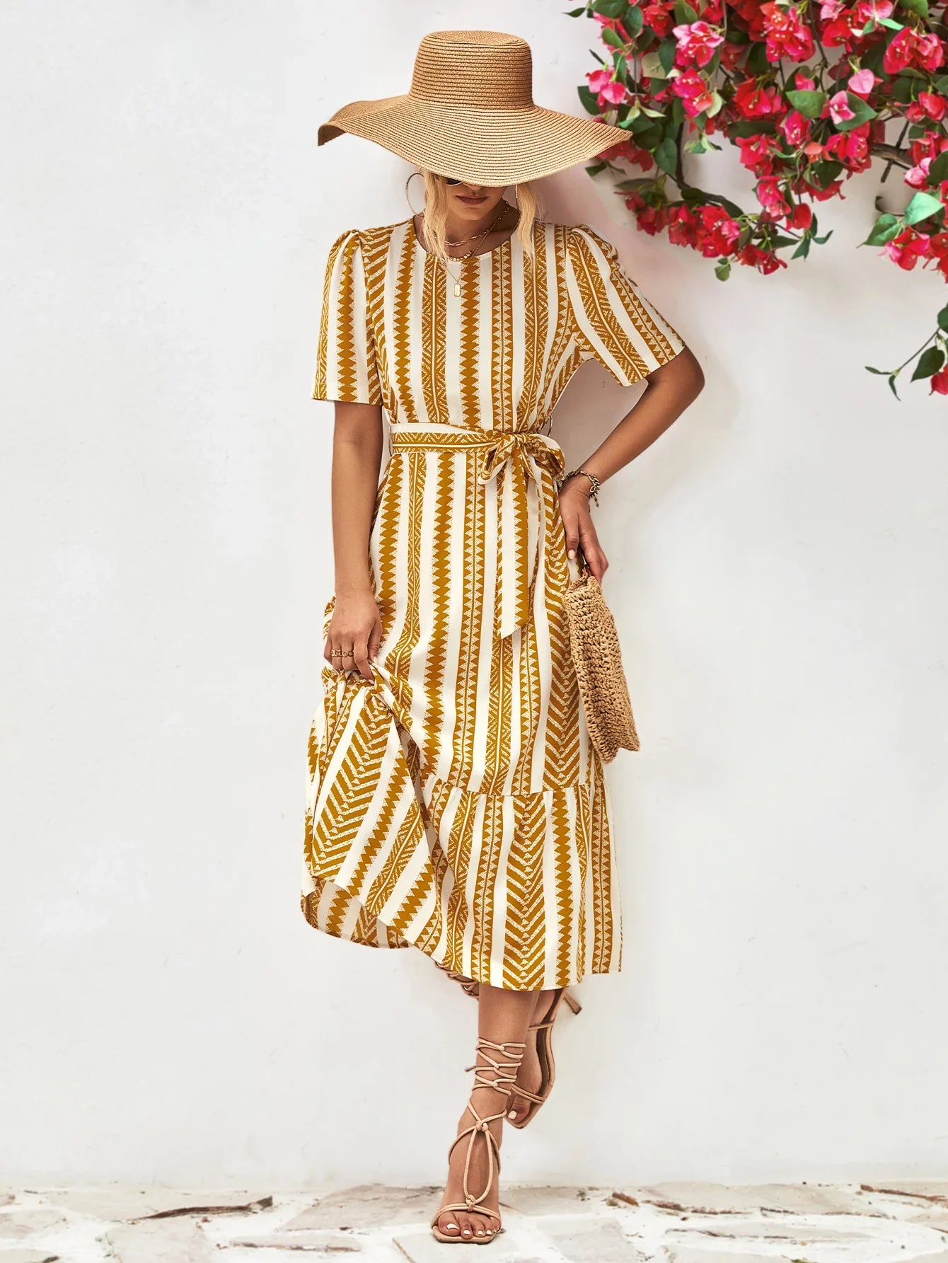 Striped Tie Belt Round Neck Puff Sleeve Dress - Southern Shores Clothing