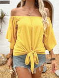 Southern Shores Clothing Tied Off-Shoulder Blouse In 95% Polyester Fabric - Southern Shores Clothing