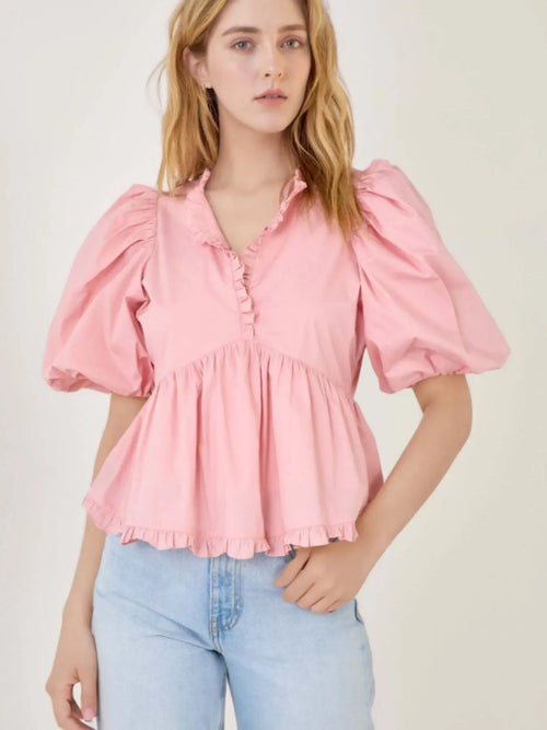 Stylish Southern Shores Clothing Puff Sleeve Peplum Blouse With Ruffles In 100% Polyester Fabric - Southern Shores Clothing