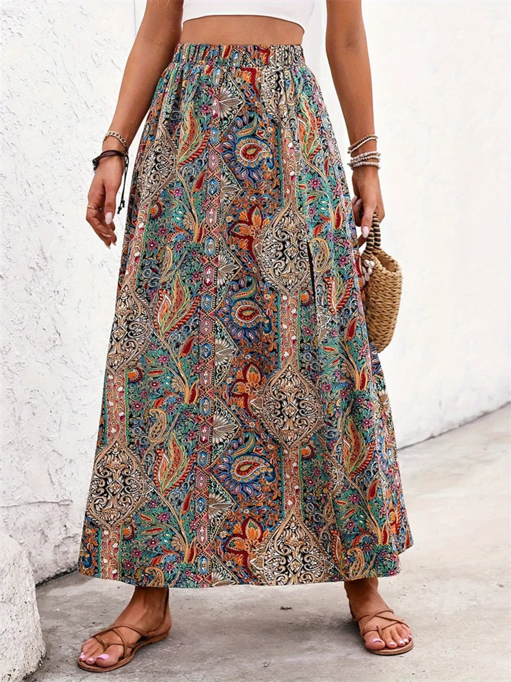 Printed Elastic Waist Slit Skirt Lightweight - Southern Shores Clothing