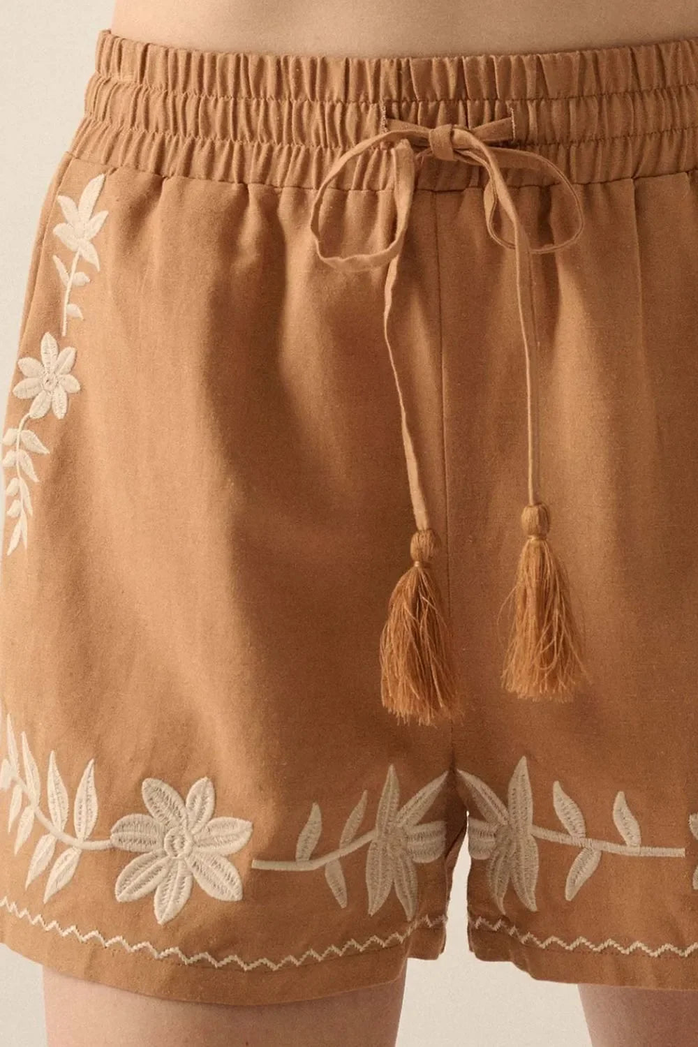 Embroidered Boho Tasseled Drawstring Elastic Waist Casual Shorts - Southern Shores Clothing