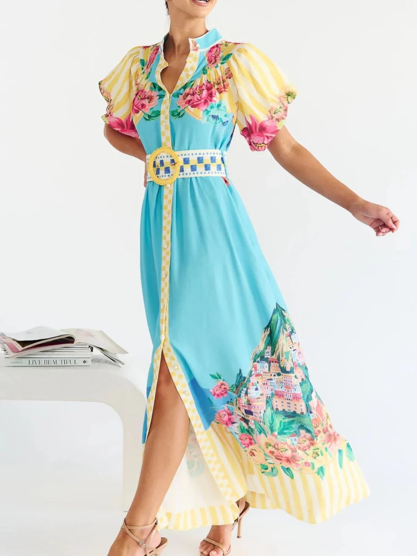 Printed Button Front Puff Sleeve Maxi Dress - Southern Shores Clothing