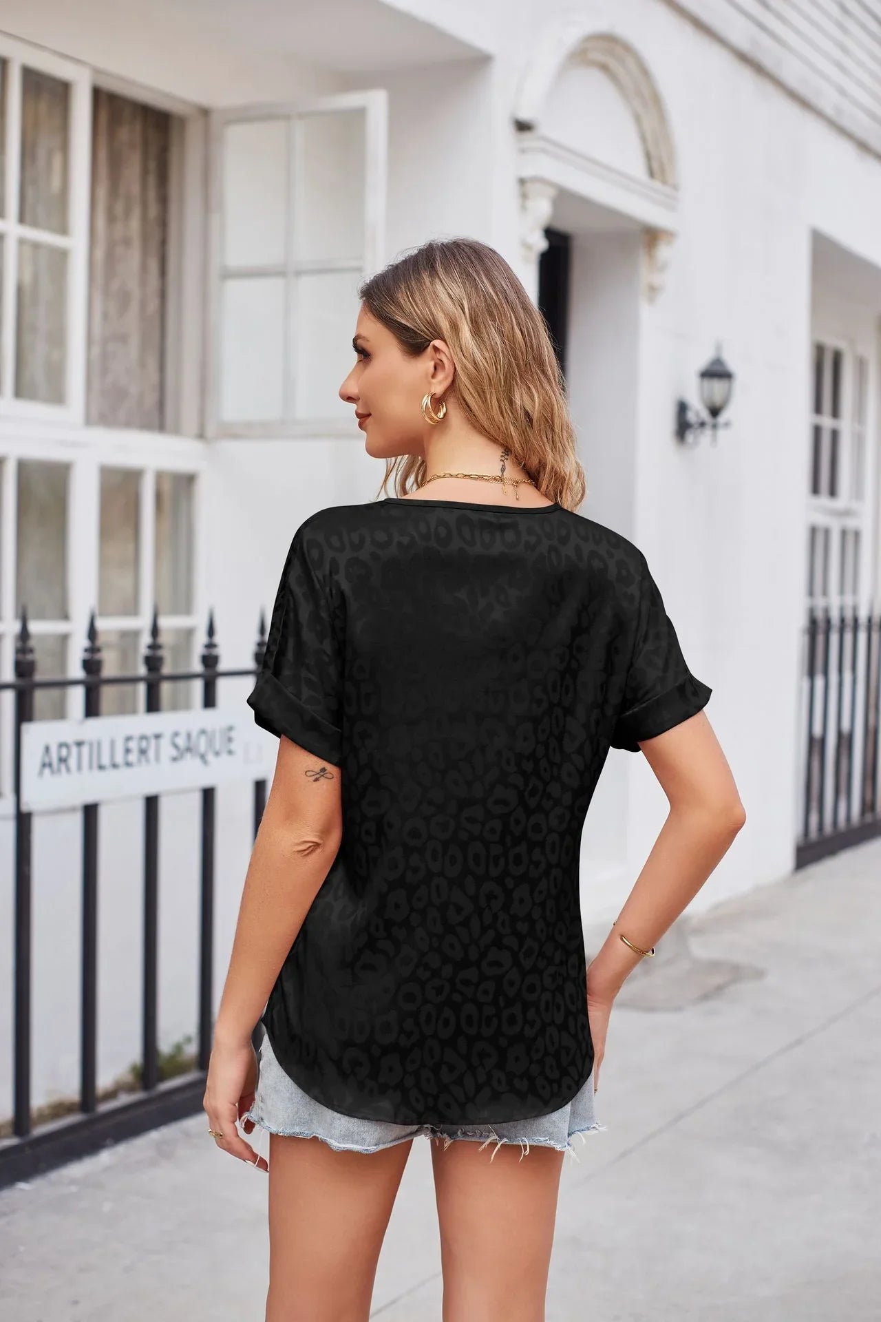 Leopard Print Satin Top With V-Neck And Short Sleeves - Southern Shores Clothing