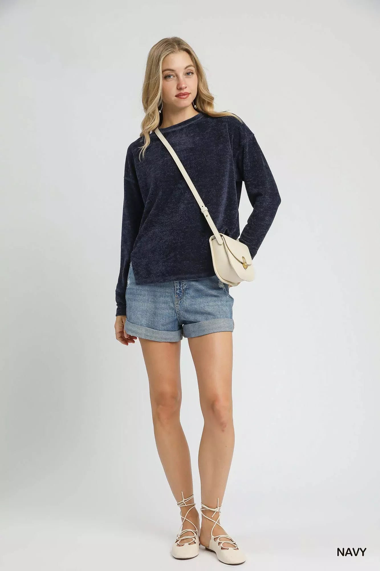 Round Neck Long Sleeve Top With Side Slits - Southern Shores Clothing