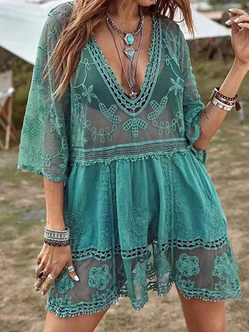 Lace Detail Plunge Cover Up Dress One Size - Southern Shores Clothing