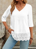 V-Neck Lace Hem Blouse With Decorative Button - Southern Shores Clothing