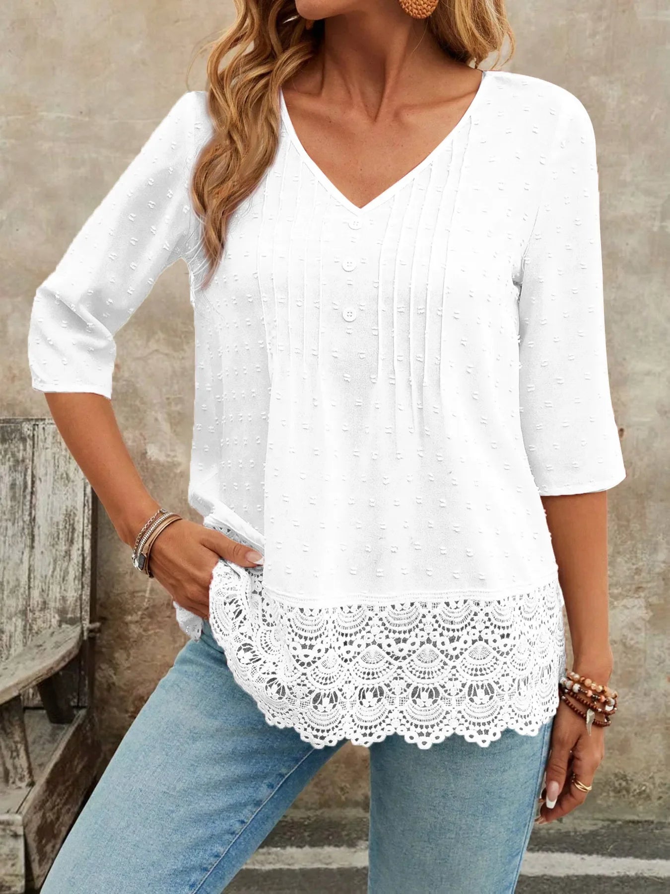 V-Neck Lace Hem Blouse With Decorative Button - Southern Shores Clothing