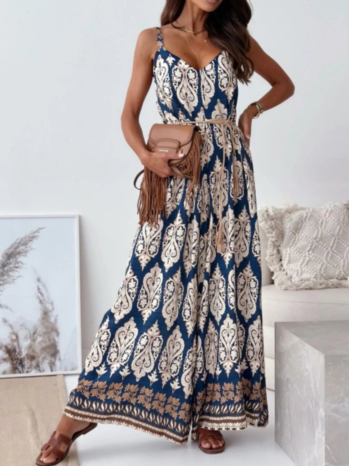 Paisley Print Spaghetti Strap Wide Leg Jumpsuit - Southern Shores Clothing