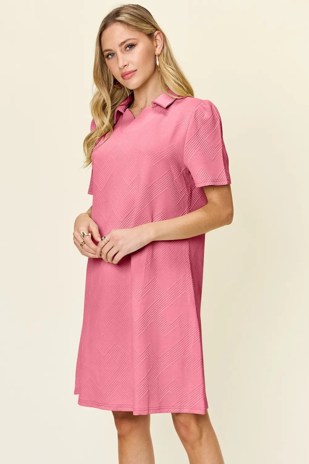 Textured Collared Neck Short Sleeve Dress - Southern Shores Clothing