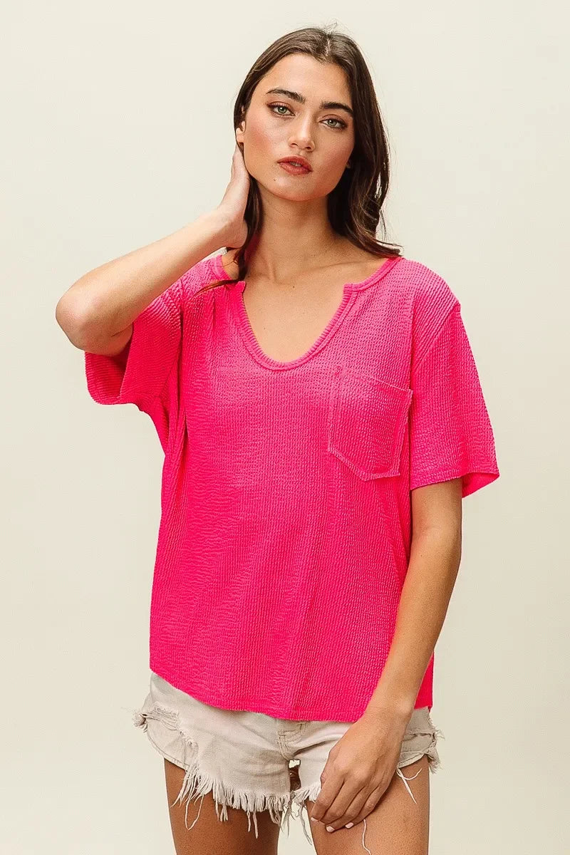 Waved Rib V Neck Top With Front Pocket Relaxed Fit - Southern Shores Clothing