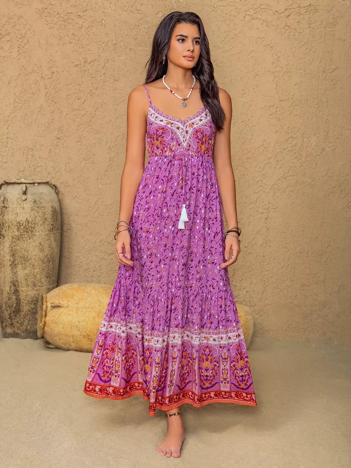 Tassel Floral Print Viscose Cami Maxi Dress With Tassel Detail - Southern Shores Clothing