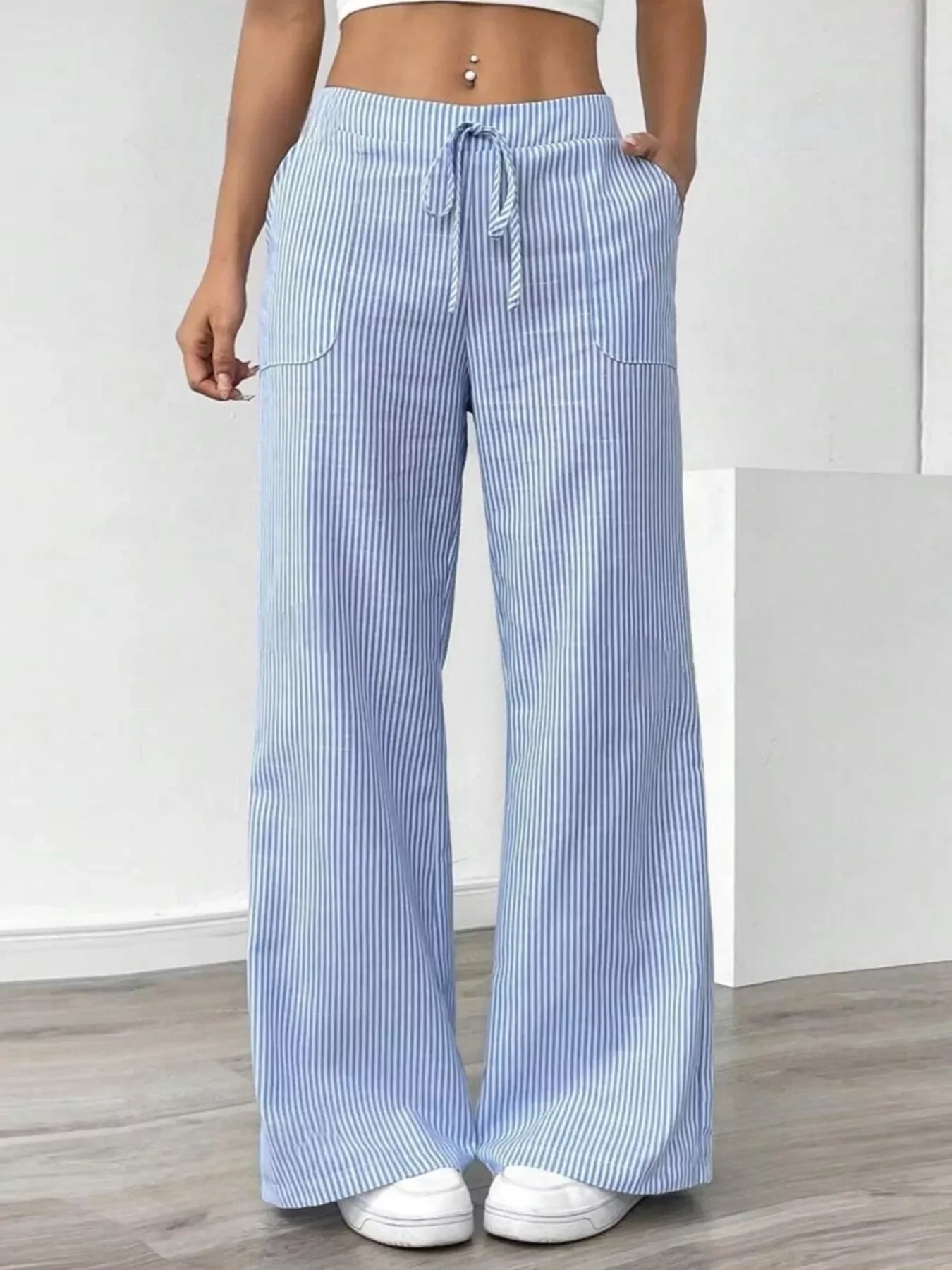 Striped Wide Leg Pocketed Casual Pants For Everyday Wear - Southern Shores Clothing