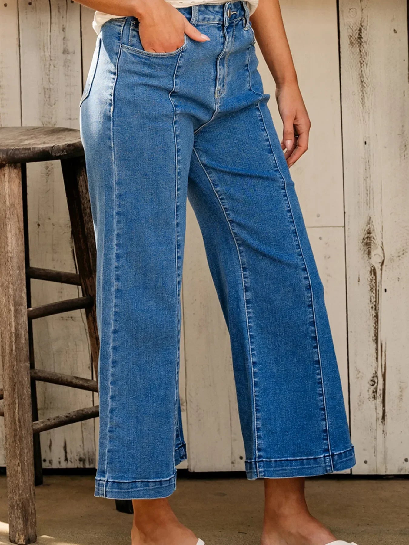 Coastal Seam Detail Flared Bottom Ankle Length Denim Jeans - Southern Shores Clothing