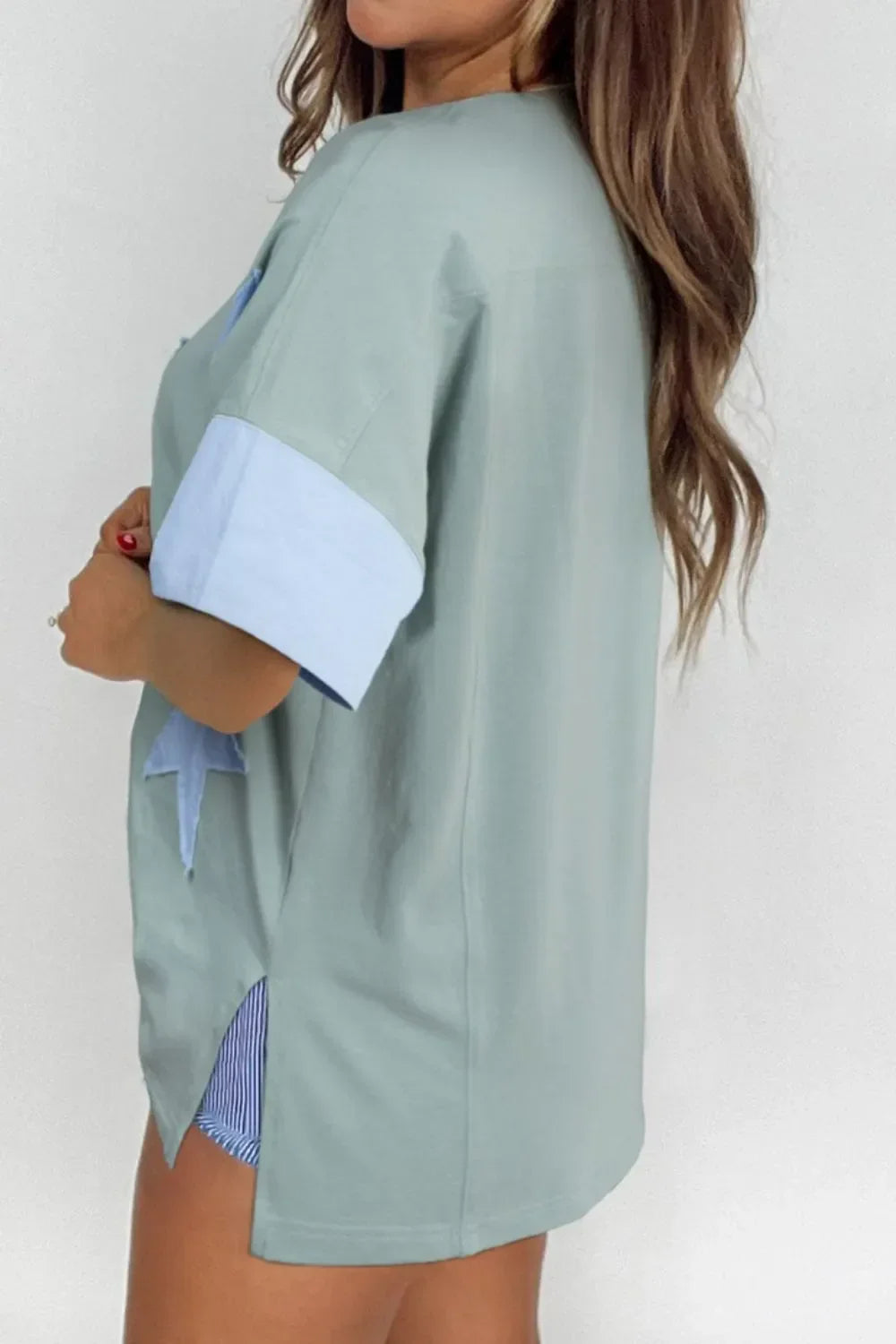 Oversized Frayed Denim Star Applique Tee With Patches - Southern Shores Clothing
