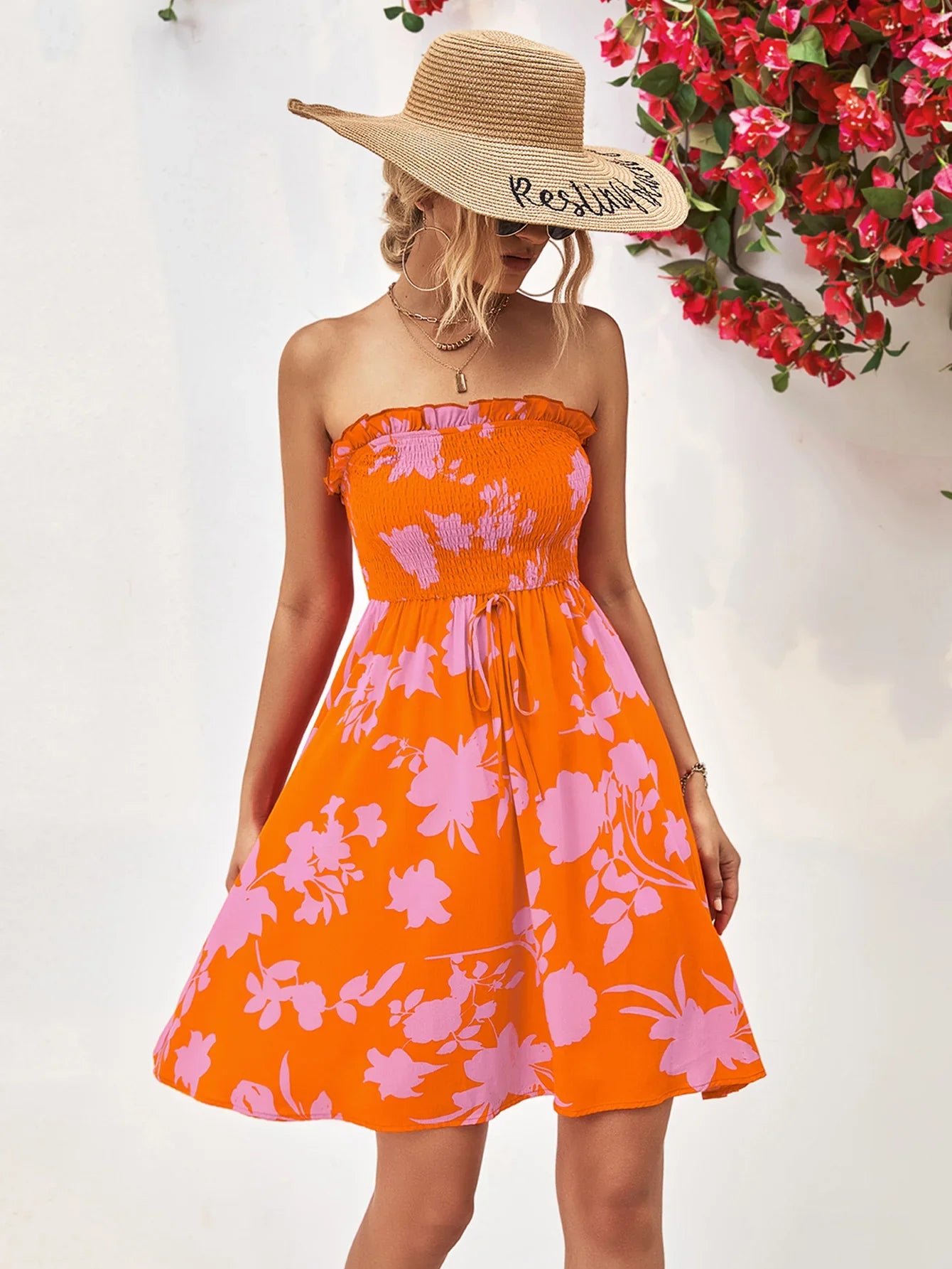 Floral Frill Trim Strapless Smocked Dress - Southern Shores Clothing