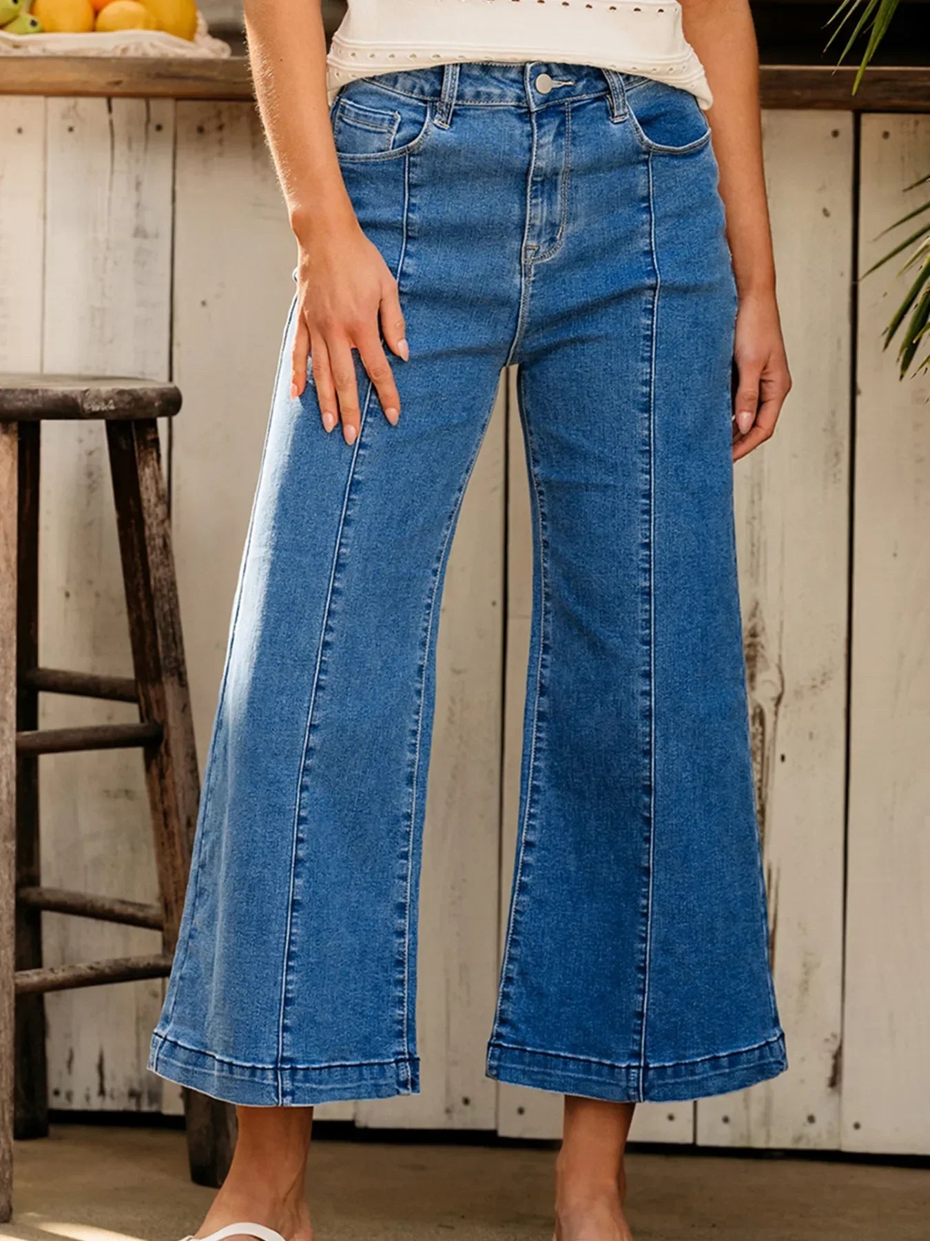 Coastal Seam Detail Flared Bottom Ankle Length Denim Jeans - Southern Shores Clothing
