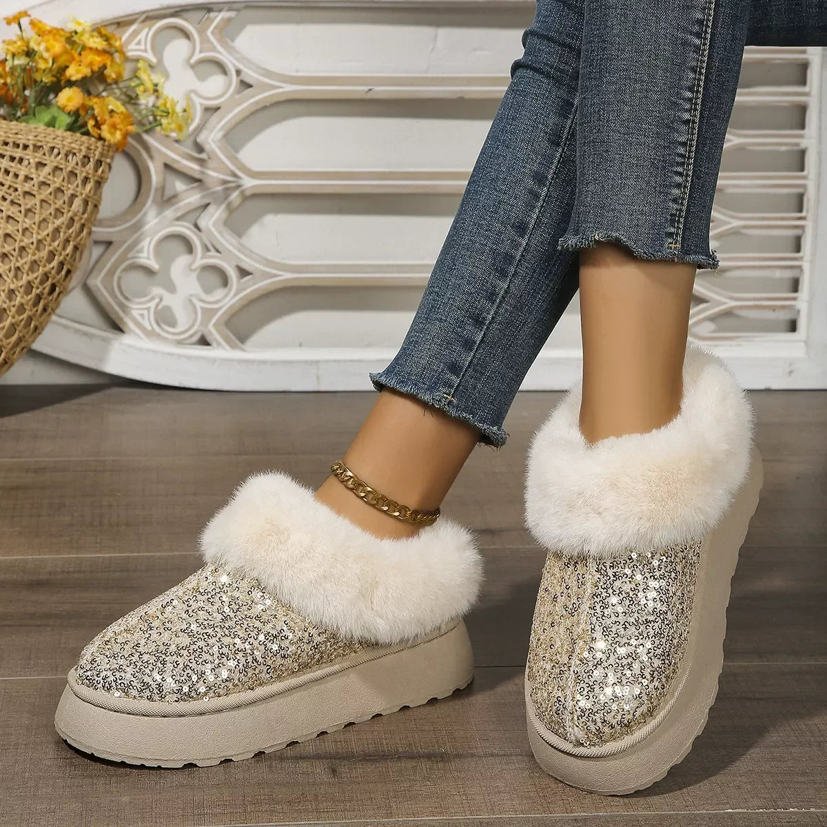 Sequined Round Toe Platform Boots With Faux Fur Trim - Southern Shores Clothing