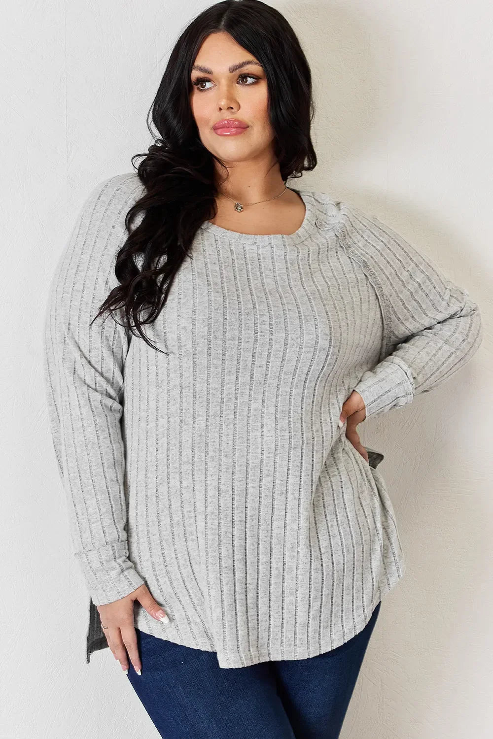 Ribbed Round Neck Slit T Shirt With Stretch - Southern Shores Clothing