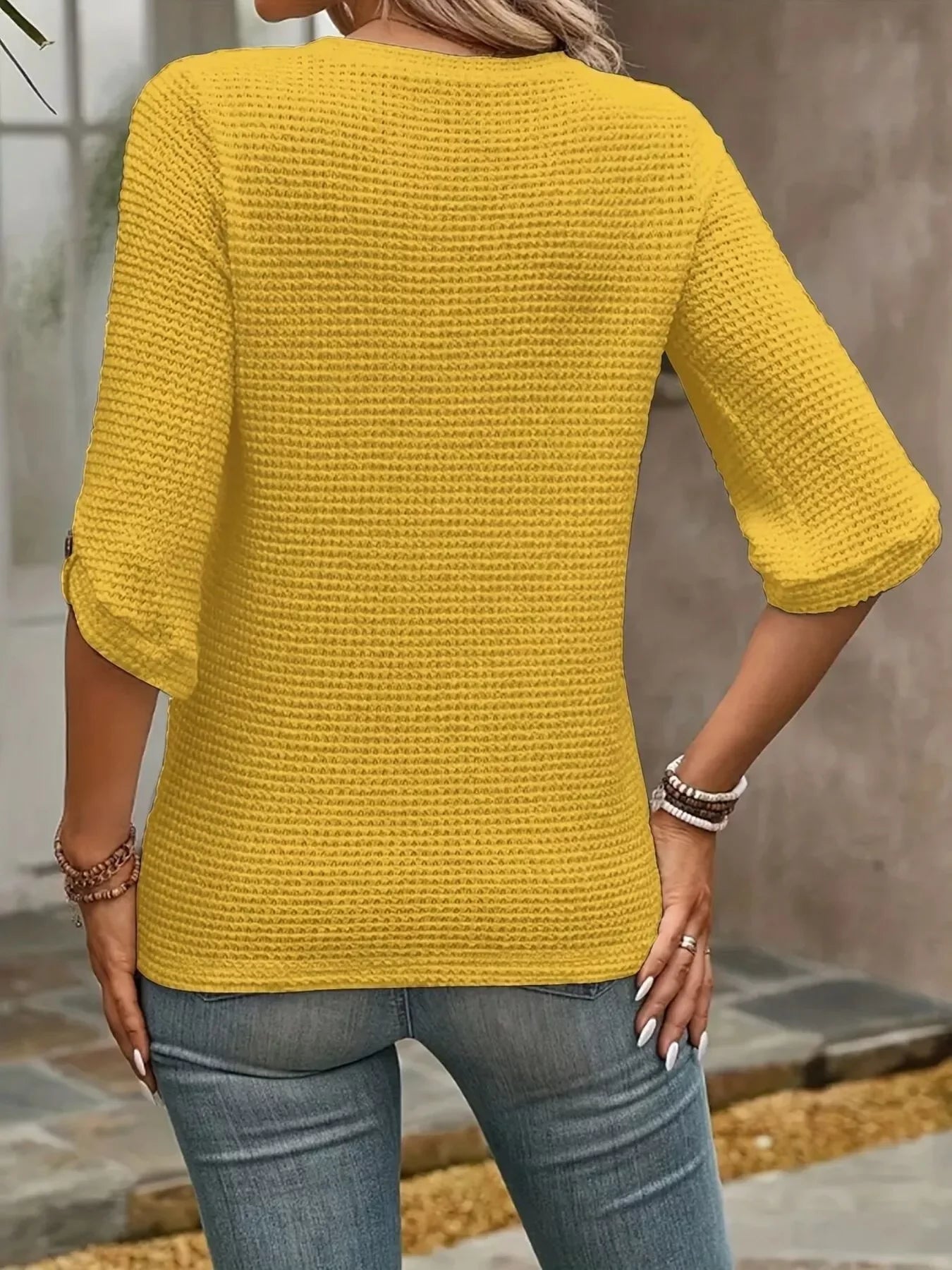 Textured Waffle Knit Three-Quarter Sleeve Tee - Southern Shores Clothing