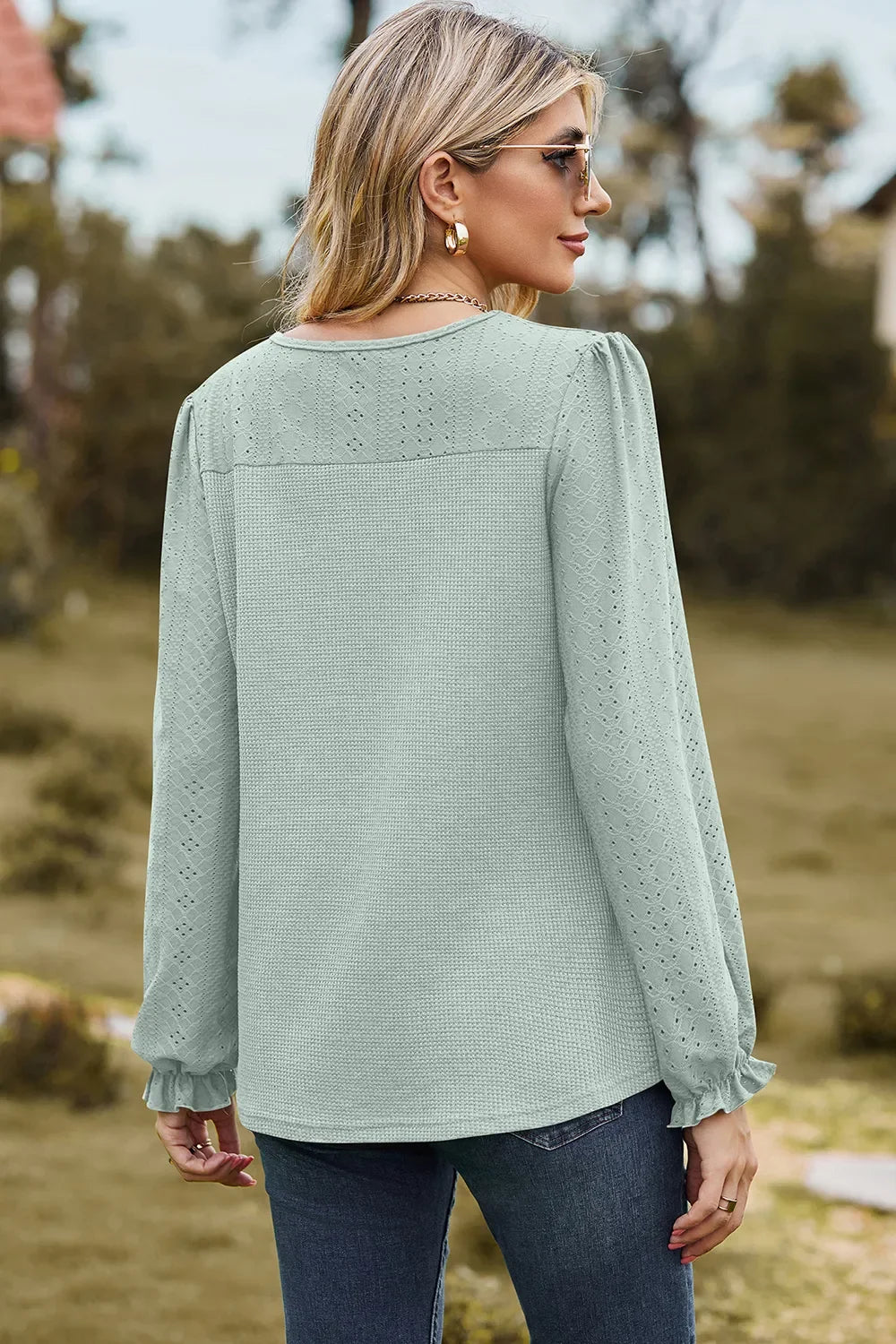 Eyelet Round Neck Flounce Sleeve T-Shirt - Southern Shores Clothing