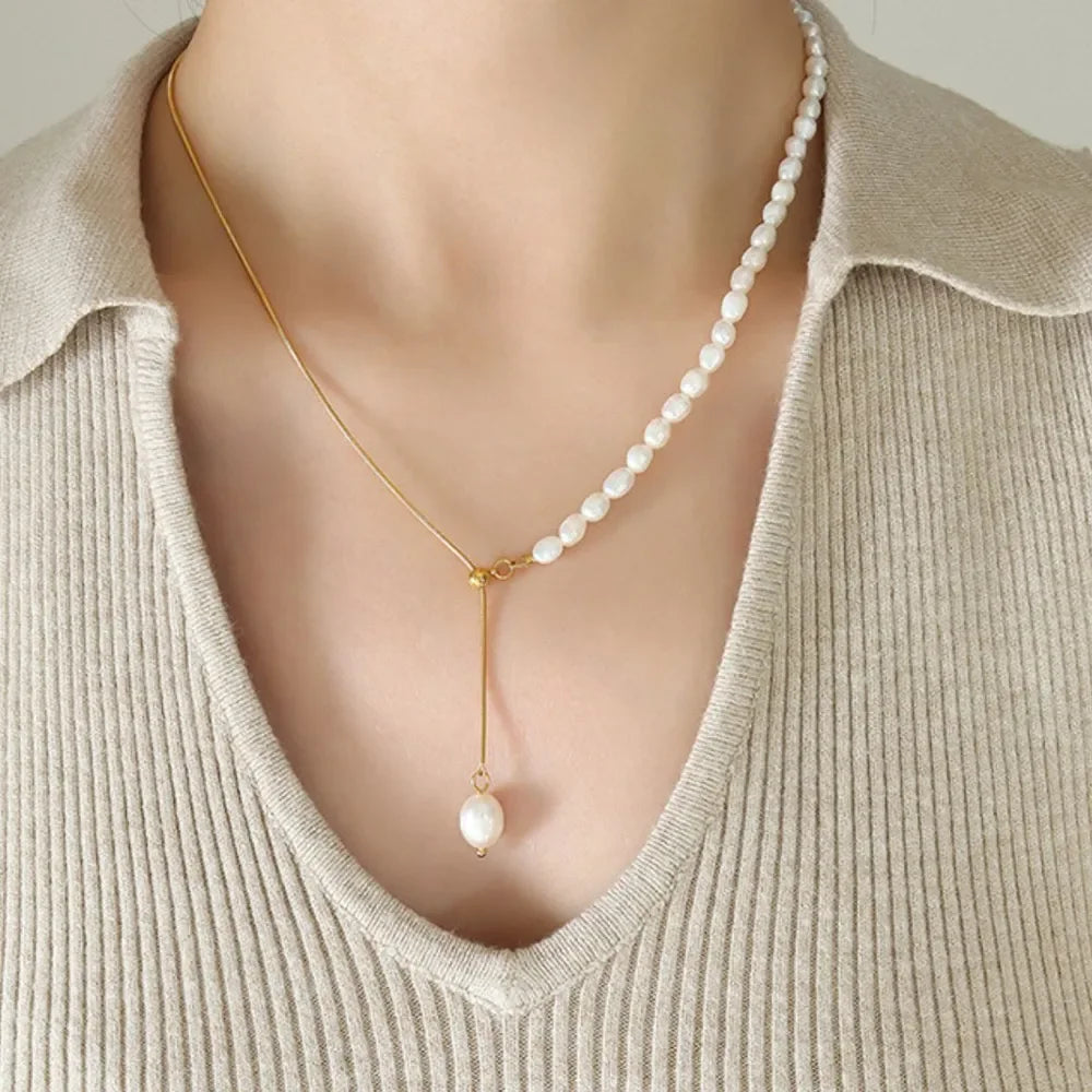 18K Gold-Plated Freshwater Pearl Necklace Adjustable Chain - Southern Shores Clothing