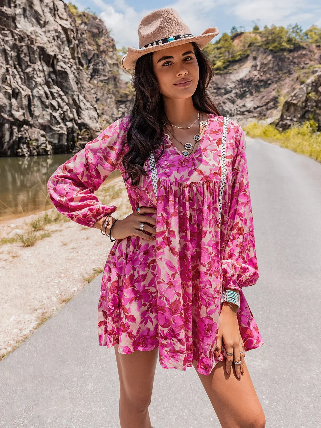 Long Sleeve V-Neck Mini Dress - Southern Shores Clothing