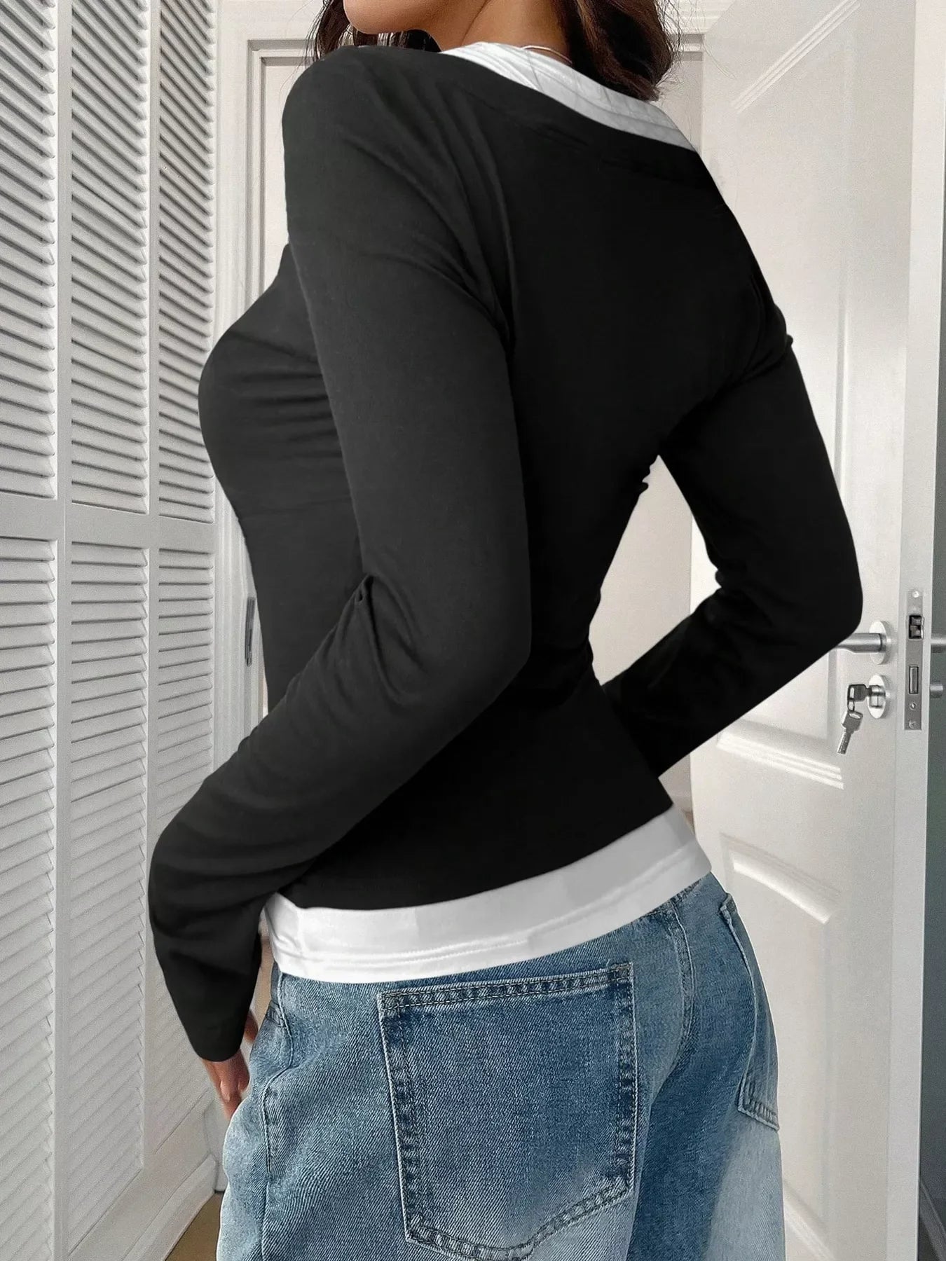 Scoop Neck Long Sleeve Fake Two-Piece T-Shirt - Southern Shores Clothing