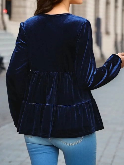 V-Neck Balloon Sleeve Peplum Blouse Polyester Blend - Southern Shores Clothing