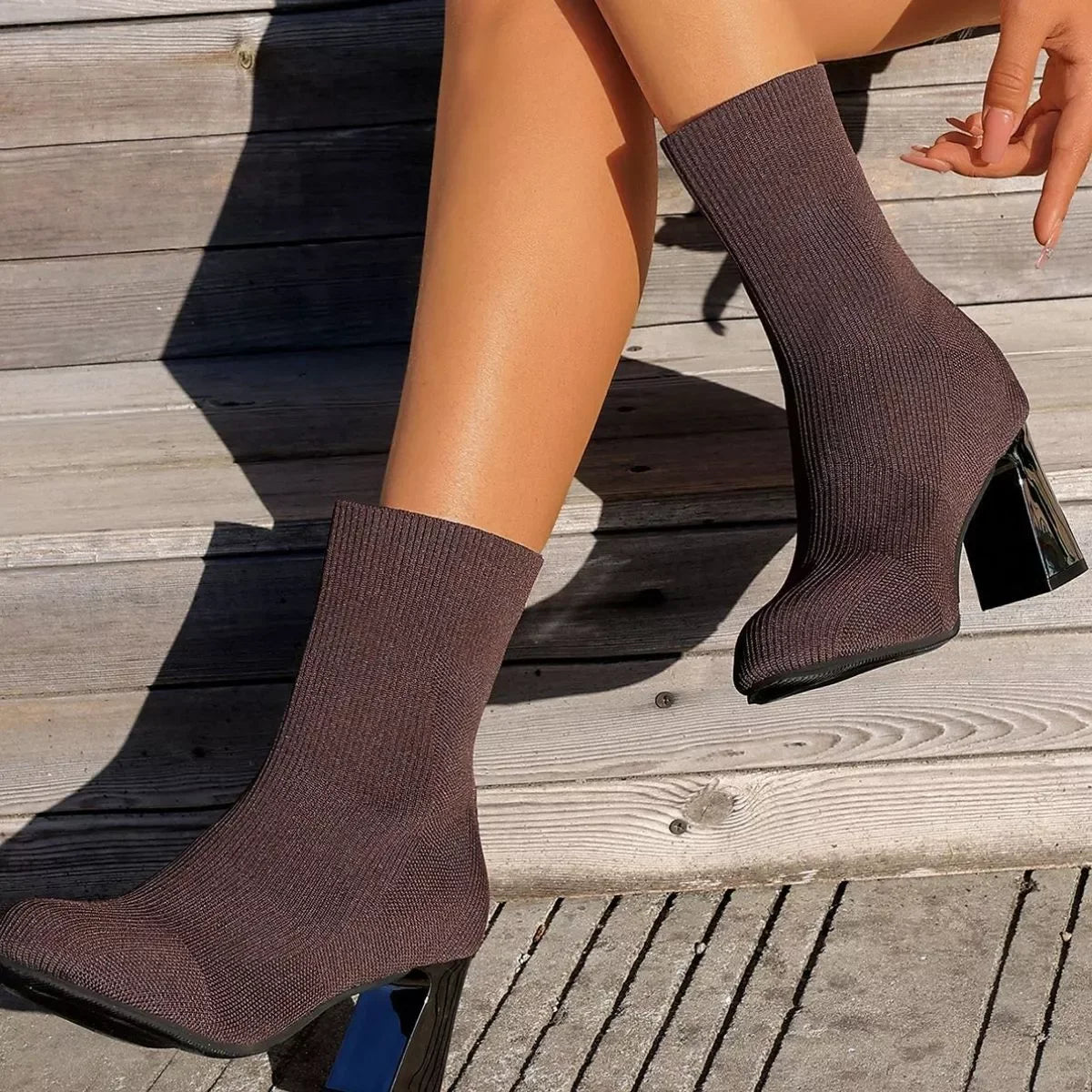 Round Toe Block Heels Boots Mesh Rubber Imported