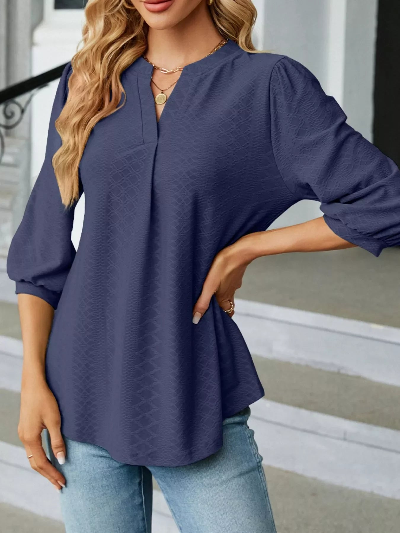 Notched 3/4 Sleeve Casual Top - Southern Shores Clothing