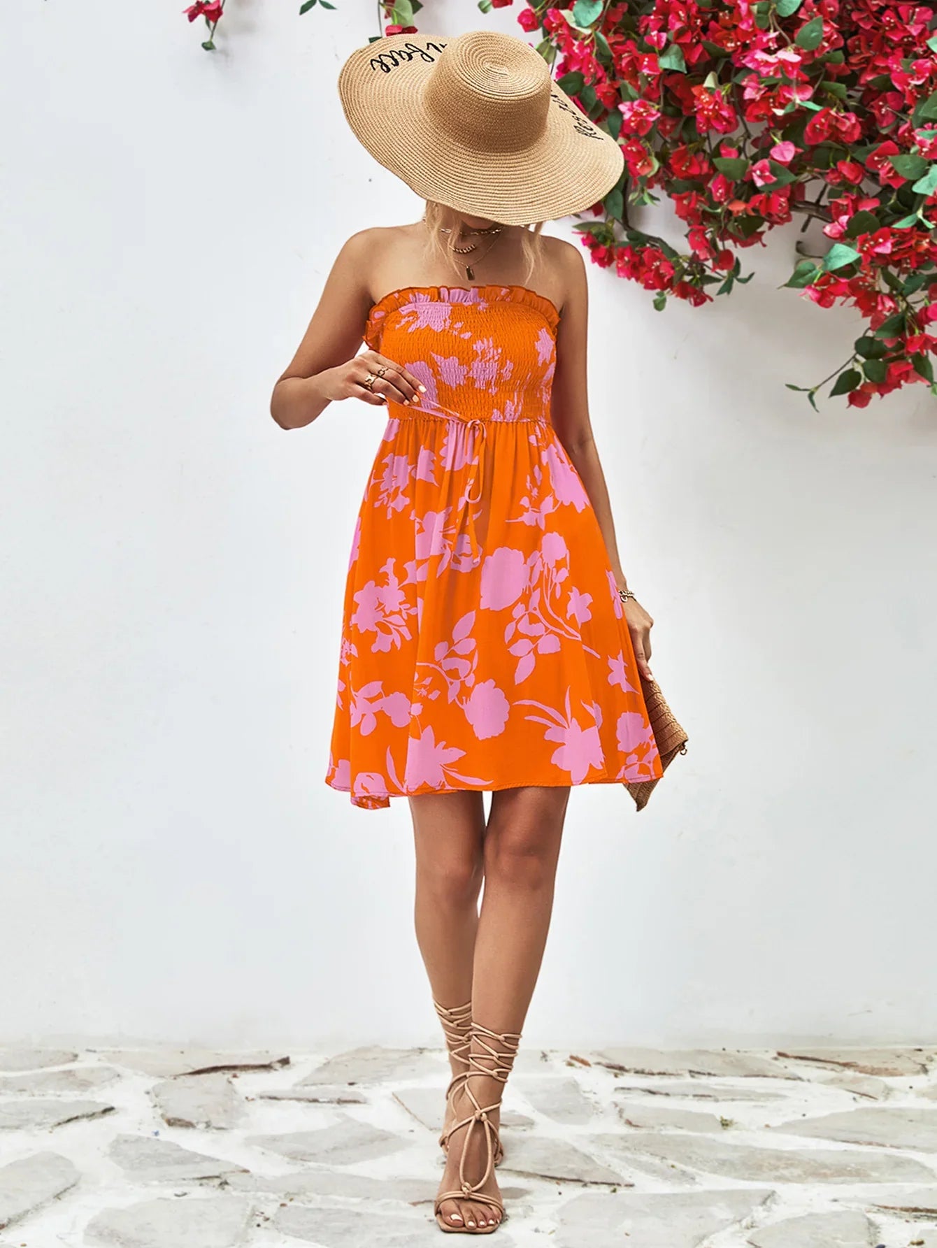 Floral Frill Trim Strapless Smocked Dress - Southern Shores Clothing