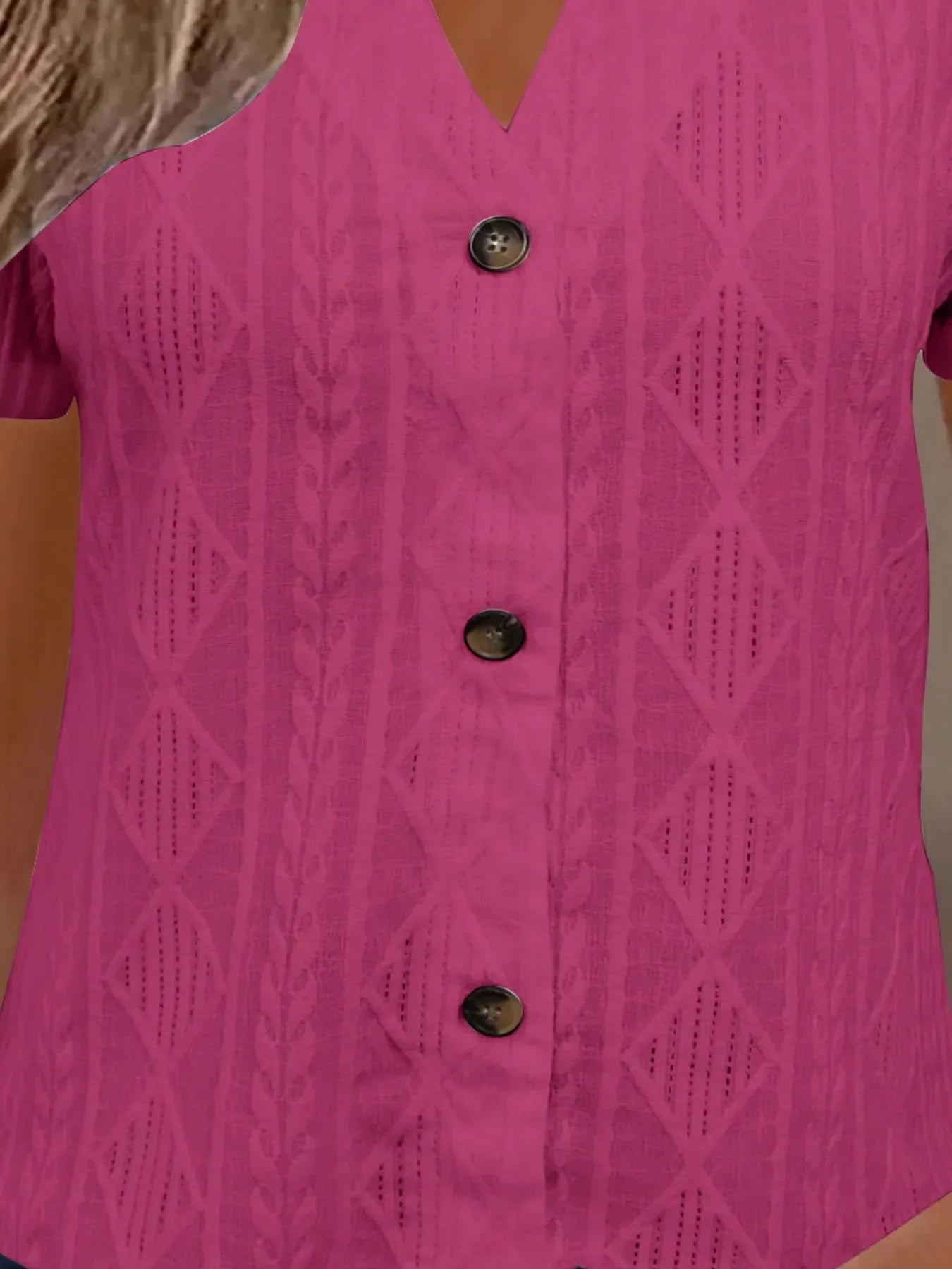 Textured Notched Short Sleeve Ribbed Buttoned Blouse - Southern Shores Clothing