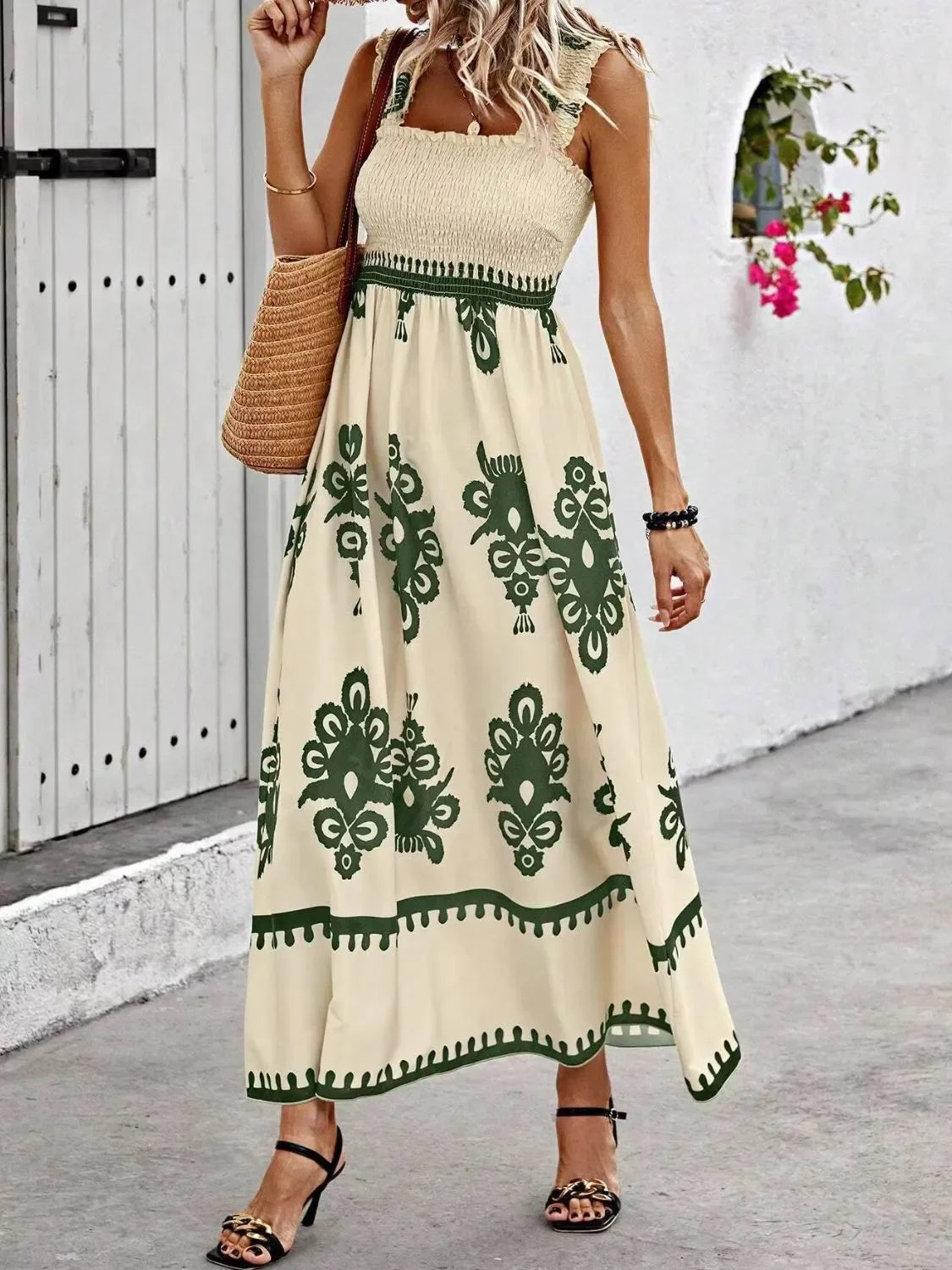 Smocked Printed Maxi Dress With Wide Straps Boho Style Details - Southern Shores Clothing
