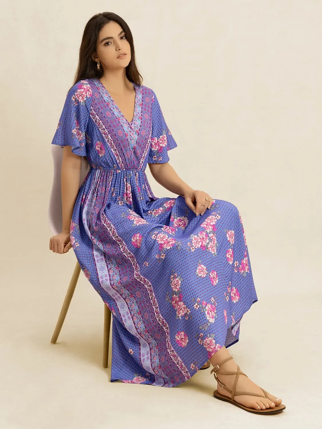 Printed Short Sleeve Midi Dress With Floral Pattern And V-Neck - Southern Shores Clothing