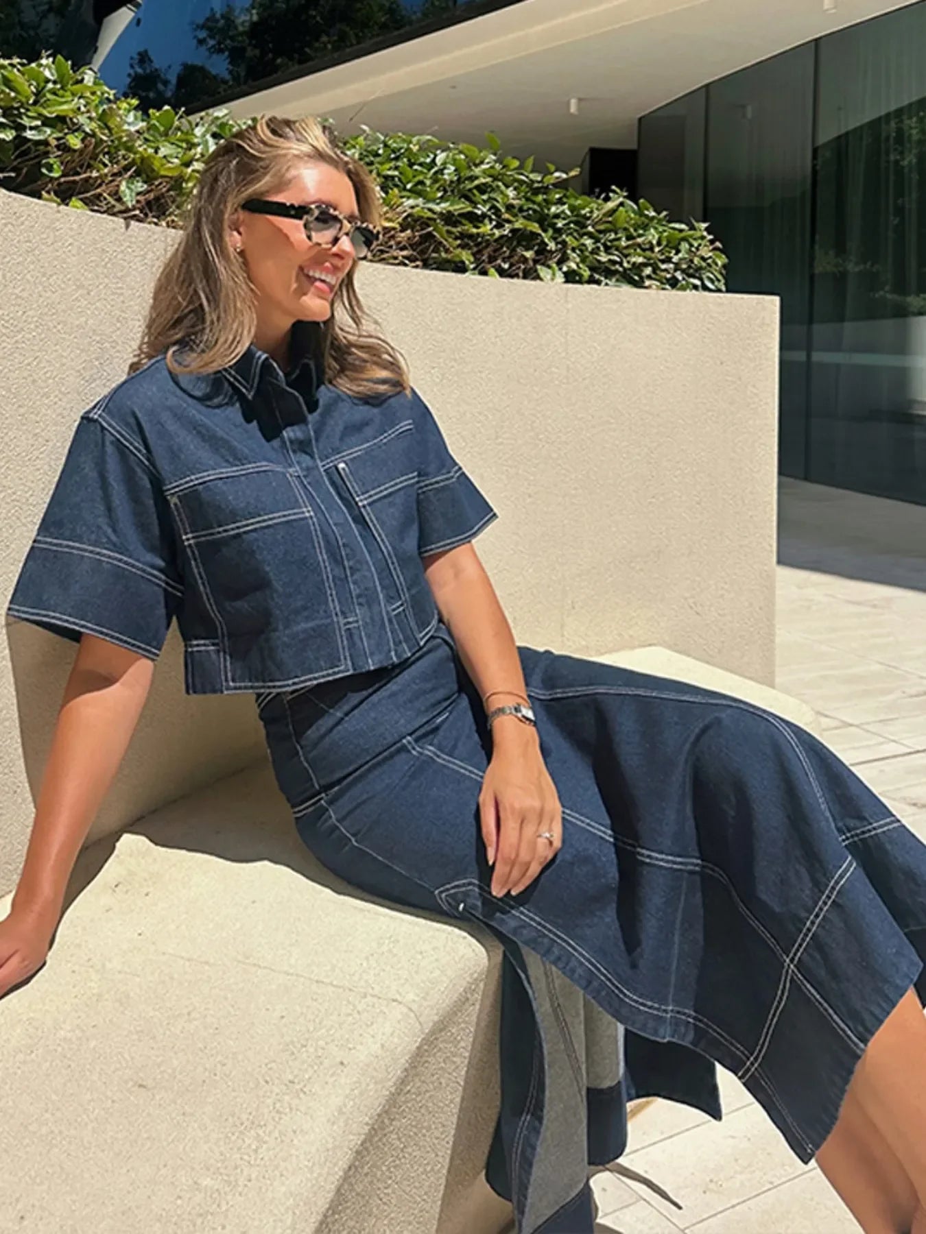 High-Waist Denim Maxi Skirt With Side Slit - Southern Shores Clothing