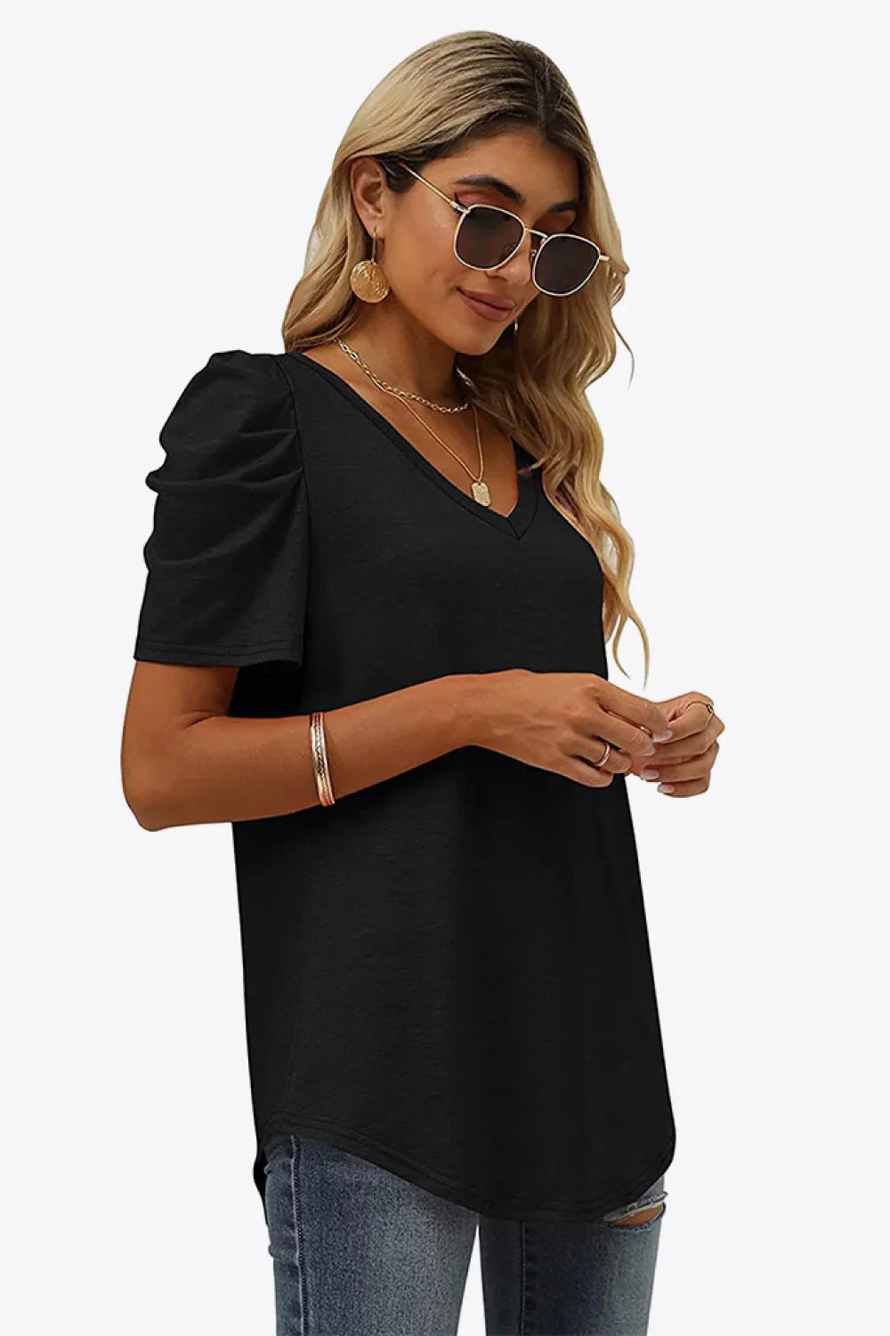 V-Neck Puff Sleeve Tee With Stretchy Fabric - Southern Shores Clothing